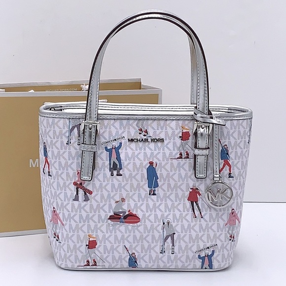 Michael Kors Jet Set Girls Print White Signature XS Carryall Top Zip Tote - Picture 4 of 16